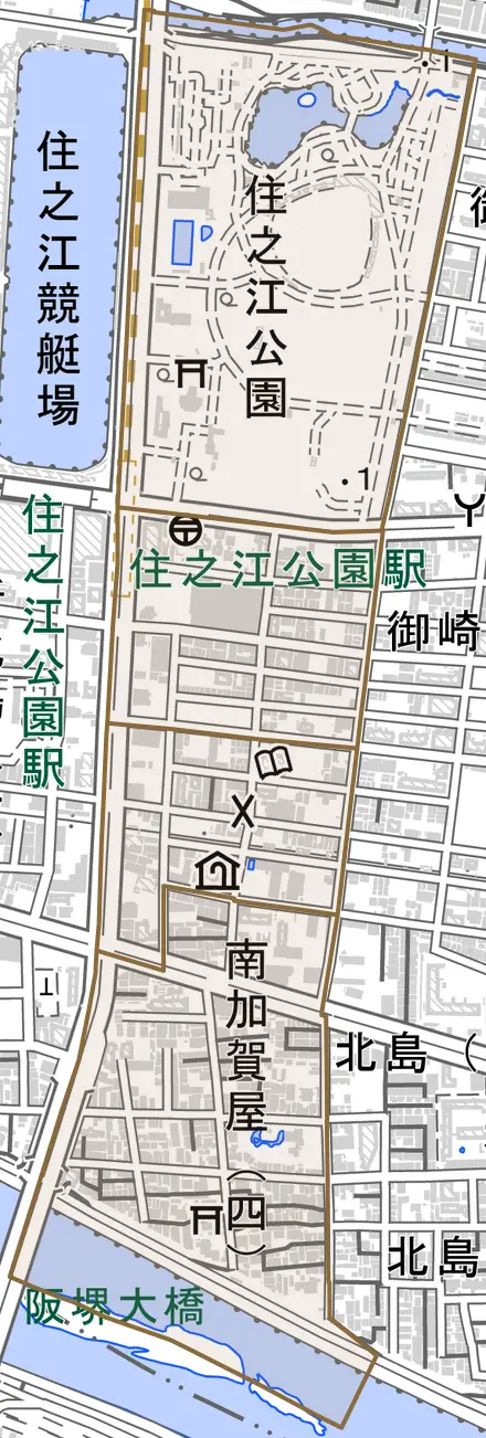 南加賀屋とその周辺の地図。町の範囲を重ねている