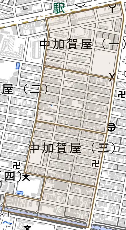 中加賀屋とその周辺の地図。町の範囲を重ねている