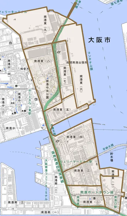 南港東とその周辺の地図。町の範囲を重ねている
