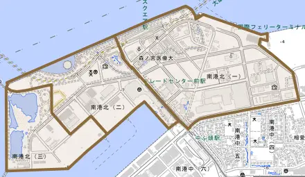 南港北とその周辺の地図。町の範囲を重ねている