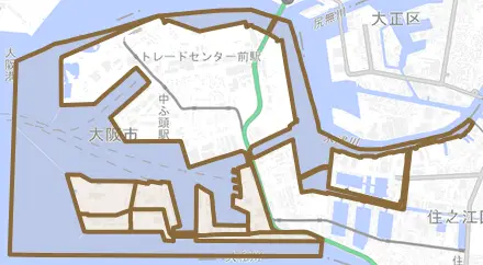 南港南とその周辺の地図。町の範囲を重ねている