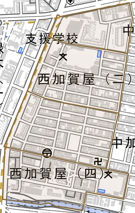 西加賀屋とその周辺の地図。町の範囲を重ねている