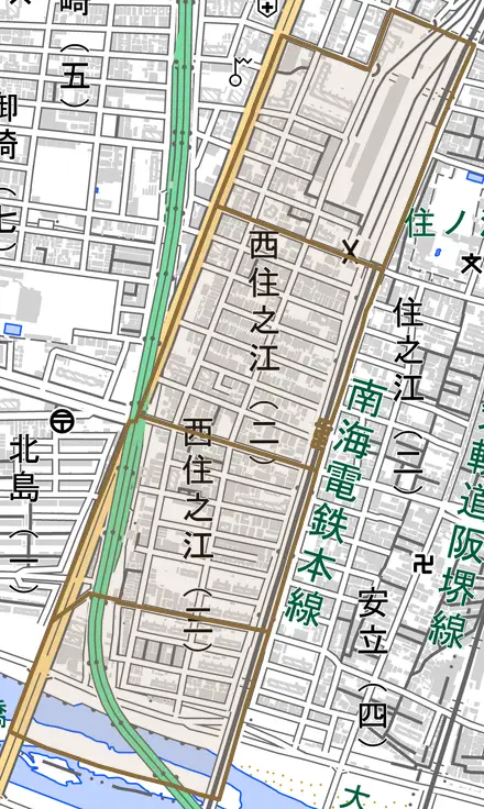 西住之江とその周辺の地図。町の範囲を重ねている