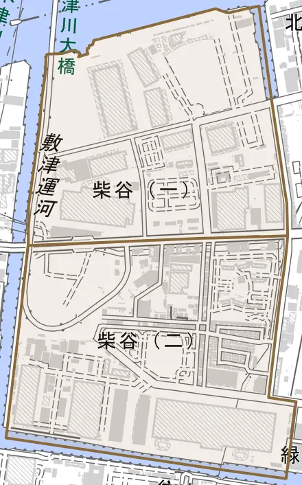 柴谷とその周辺の地図。町の範囲を重ねている