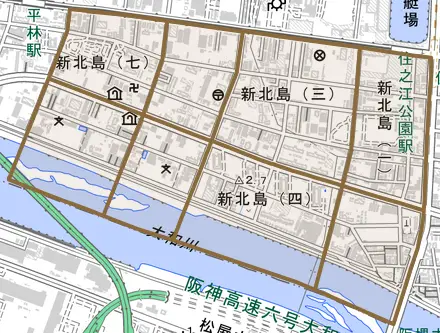 新北島とその周辺の地図。町の範囲を重ねている
