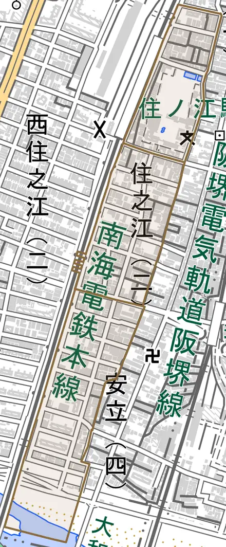 住之江とその周辺の地図。町の範囲を重ねている