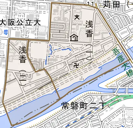 浅香とその周辺の地図。町の範囲を重ねている