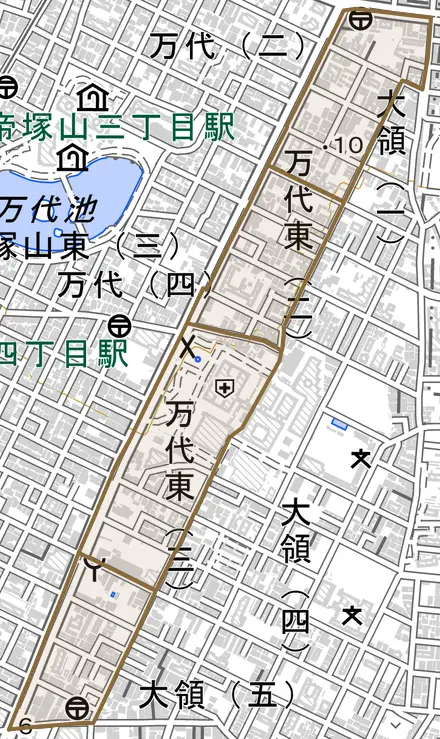 万代東とその周辺の地図。町の範囲を重ねている