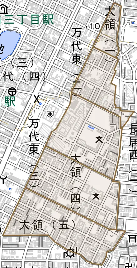 大領とその周辺の地図。町の範囲を重ねている