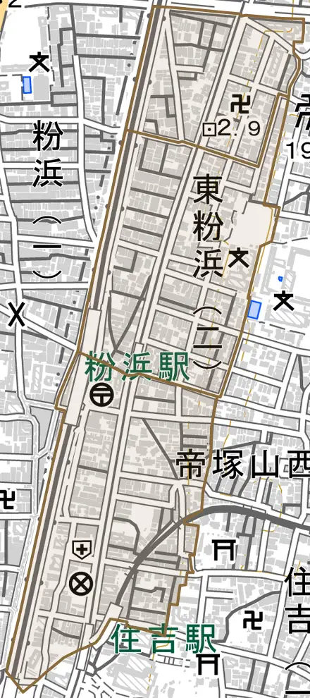 東粉浜とその周辺の地図。町の範囲を重ねている