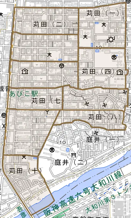 苅田とその周辺の地図。町の範囲を重ねている