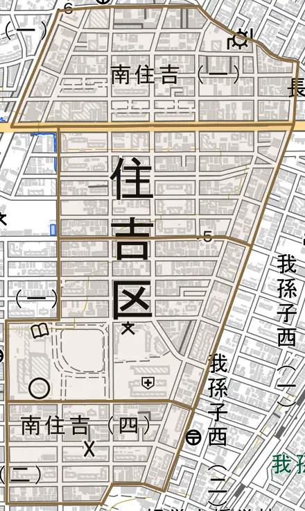 南住吉とその周辺の地図。町の範囲を重ねている