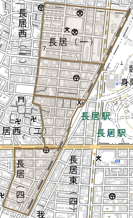 長居とその周辺の地図。町の範囲を重ねている
