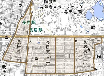 長居東とその周辺の地図。町の範囲を重ねている