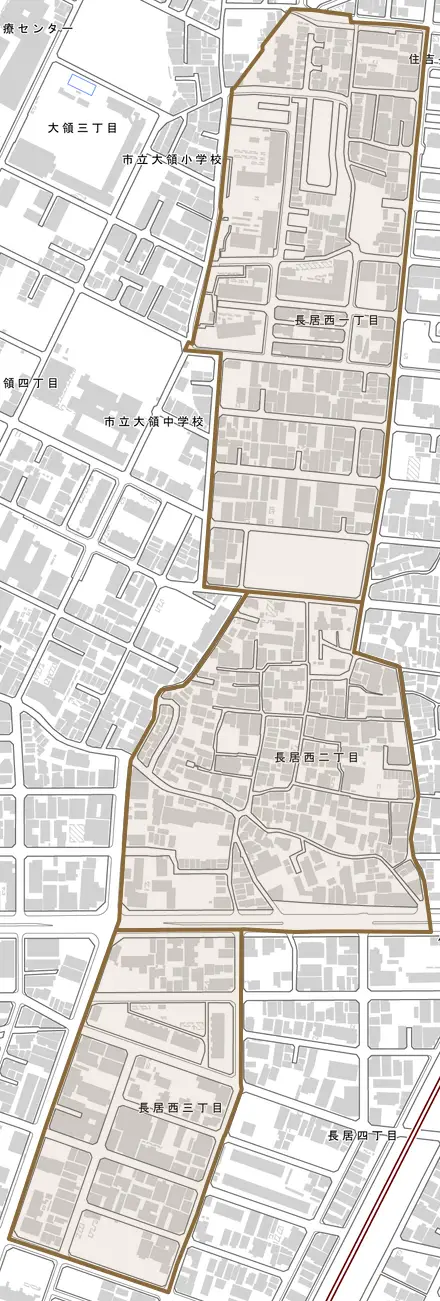 長居西とその周辺の地図。町の範囲を重ねている