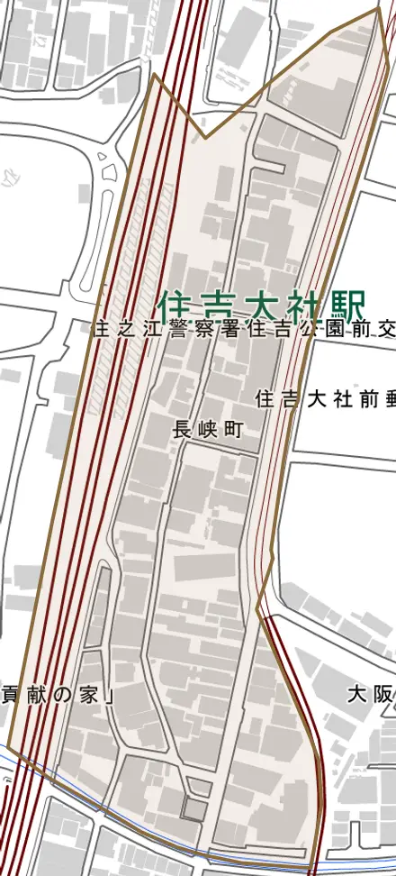 長峡町とその周辺の地図。町の範囲を重ねている