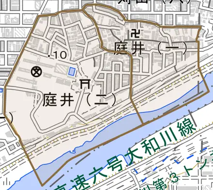庭井とその周辺の地図。町の範囲を重ねている