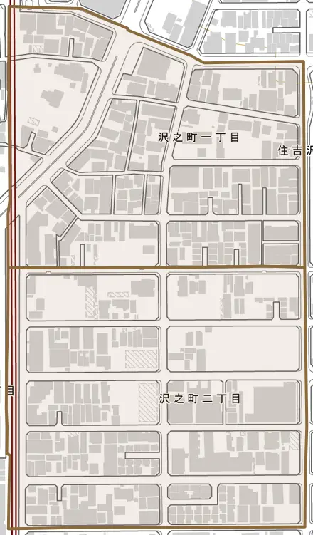 沢之町とその周辺の地図。町の範囲を重ねている