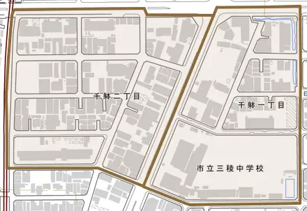 千躰とその周辺の地図。町の範囲を重ねている