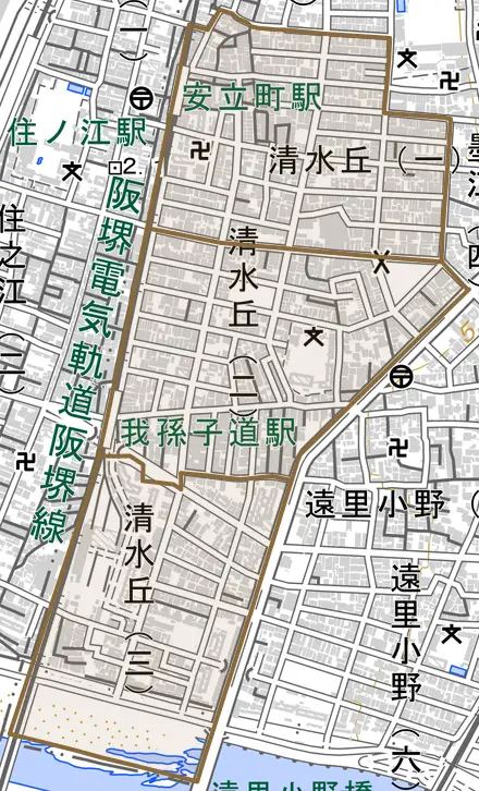 清水丘とその周辺の地図。町の範囲を重ねている