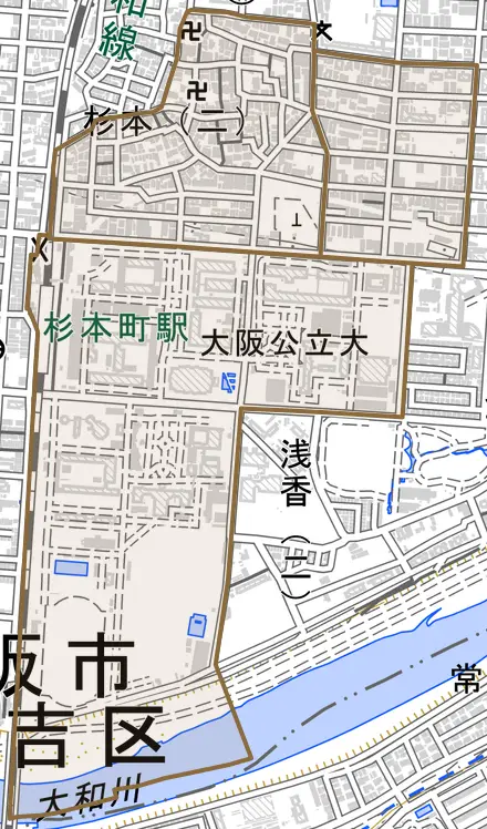 杉本とその周辺の地図。町の範囲を重ねている