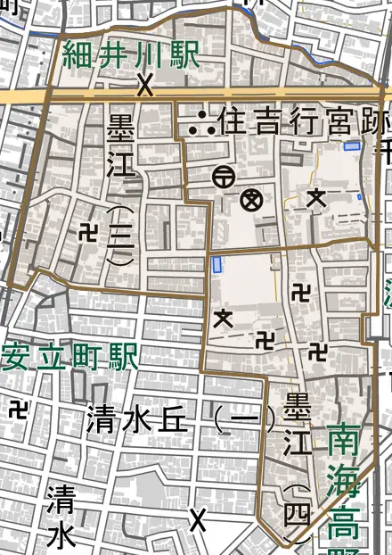 墨江とその周辺の地図。町の範囲を重ねている