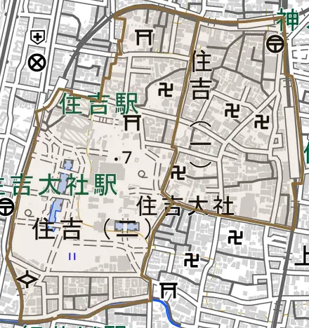 住吉とその周辺の地図。町の範囲を重ねている