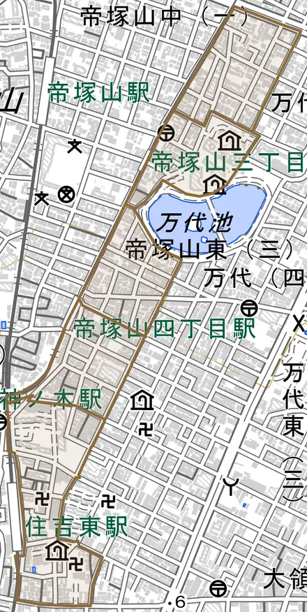 帝塚山東とその周辺の地図。町の範囲を重ねている