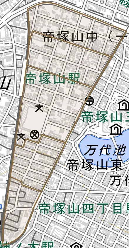 帝塚山中とその周辺の地図。町の範囲を重ねている