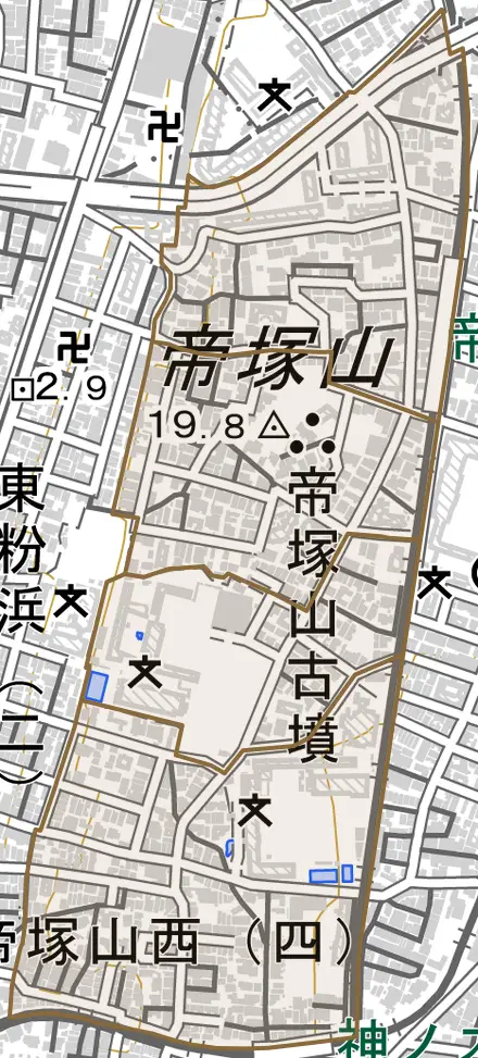 帝塚山西とその周辺の地図。町の範囲を重ねている