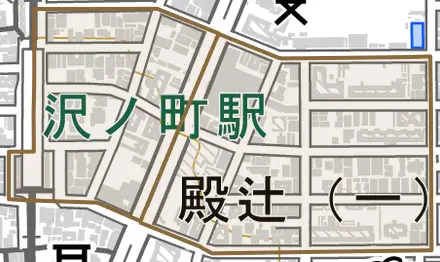 殿辻とその周辺の地図。町の範囲を重ねている