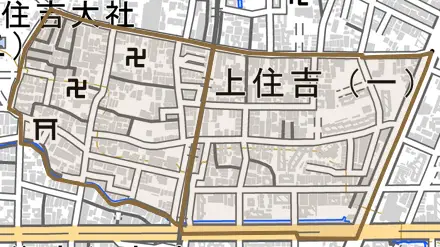 上住吉とその周辺の地図。町の範囲を重ねている