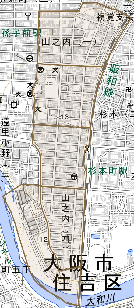 山之内とその周辺の地図。町の範囲を重ねている
