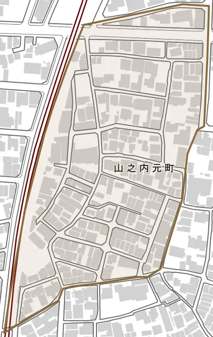 山之内元町とその周辺の地図。町の範囲を重ねている