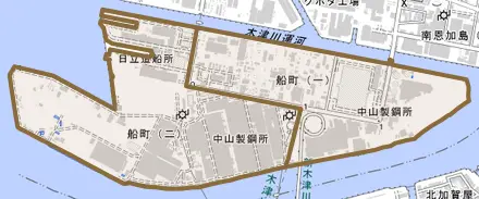 船町とその周辺の地図。町の範囲を重ねている