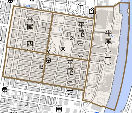 平尾とその周辺の地図。町の範囲を重ねている