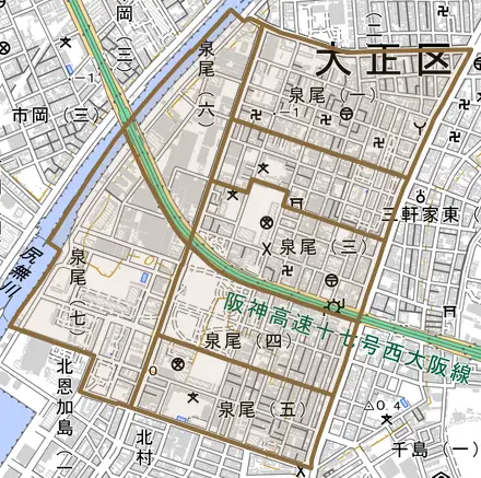 泉尾とその周辺の地図。町の範囲を重ねている