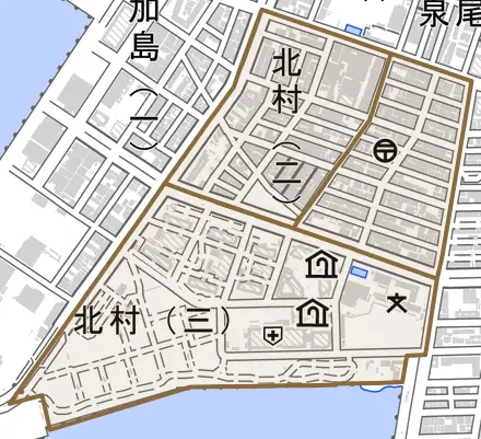 北村とその周辺の地図。町の範囲を重ねている