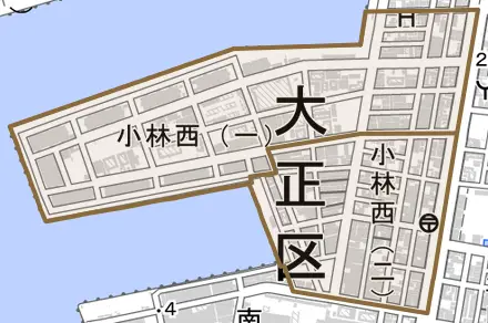 小林西とその周辺の地図。町の範囲を重ねている
