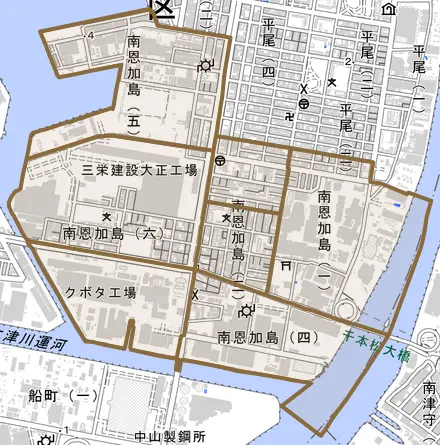 南恩加島とその周辺の地図。町の範囲を重ねている