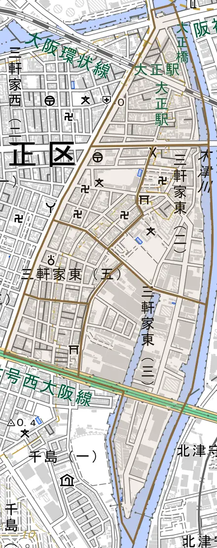 三軒家東とその周辺の地図。町の範囲を重ねている