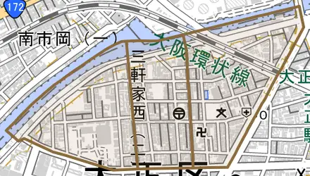三軒家西とその周辺の地図。町の範囲を重ねている