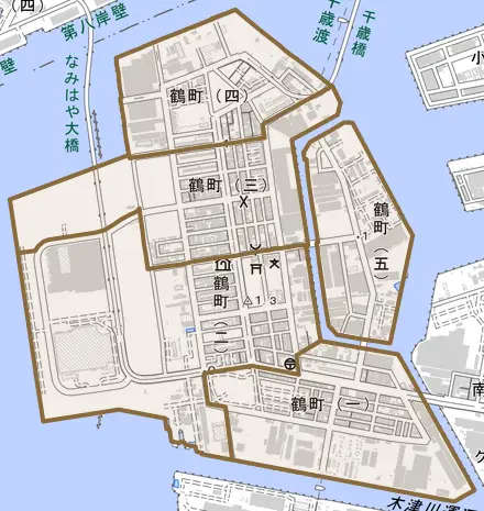 鶴町とその周辺の地図。町の範囲を重ねている