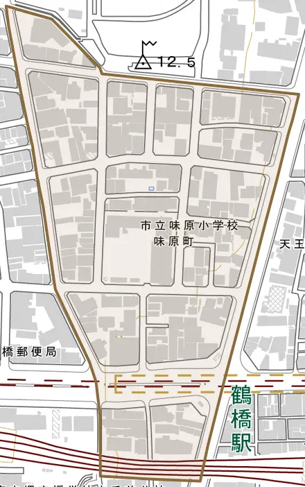 味原町とその周辺の地図。町の範囲を重ねている