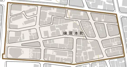味原本町とその周辺の地図。町の範囲を重ねている