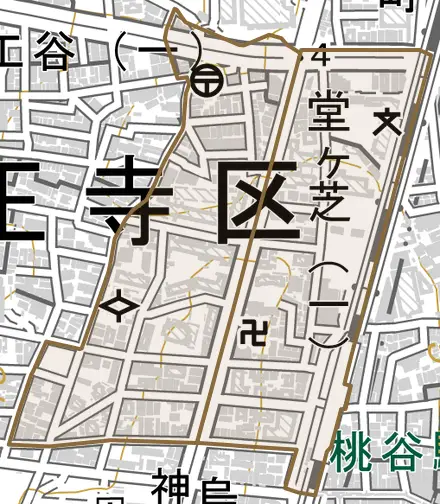 堂ケ芝とその周辺の地図。町の範囲を重ねている
