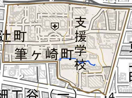 筆ケ崎町とその周辺の地図。町の範囲を重ねている