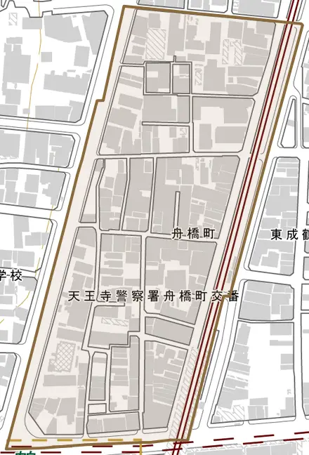 舟橋町とその周辺の地図。町の範囲を重ねている