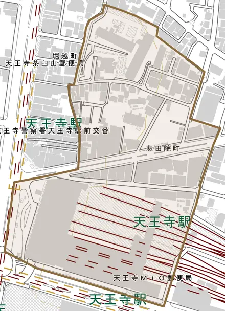 悲田院町とその周辺の地図。町の範囲を重ねている
