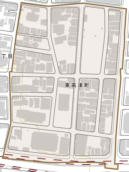 東高津町とその周辺の地図。町の範囲を重ねている